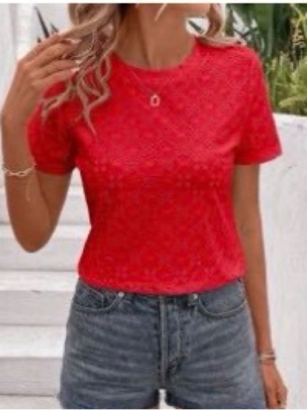 Women’s Emery Rose Red Short Sleeve Hollowed Embroidered Lace Top